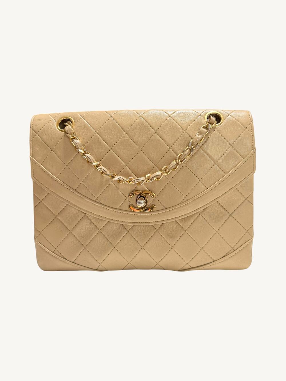 Vintage Chanel Half Moon Beige Lambskin Flap 24K Gold Hardware Series 1